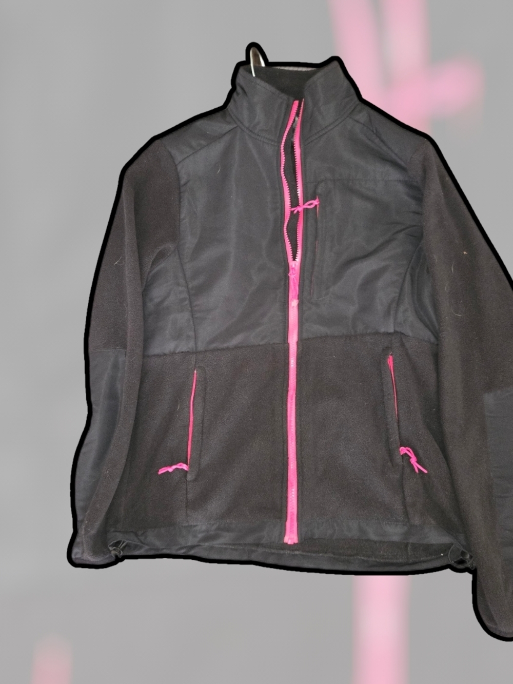 Mountain Fog Women's  Fleece Jacket Black Pink Zip Pockets Color Block Black